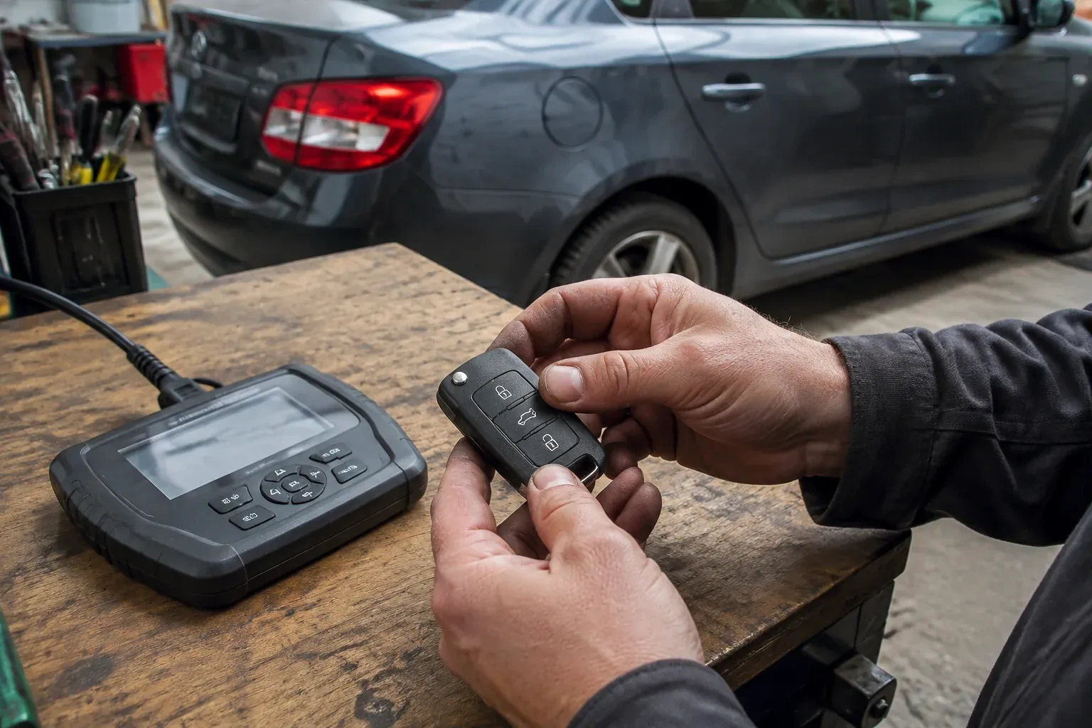 Hands holding a black car key fob above a workbench, beside a wired handheld device with a screen. — Car Key Replacement, King