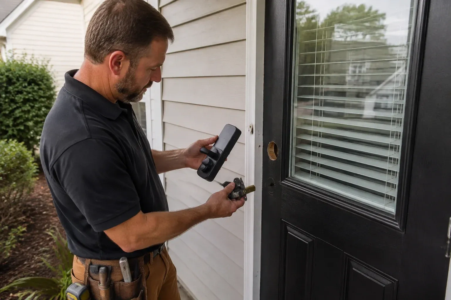 Person holding a black door-handle assembly and a latch beside a glazed door with exposed lock openings. — Smart Lock Installation, King