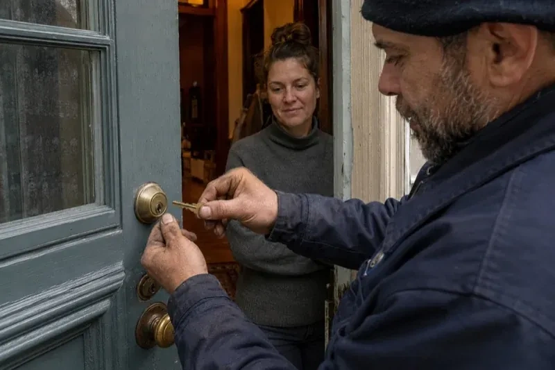 Person holding a key beside a brass-colored deadbolt on an open painted door while another person watches from inside. — Home Lockout Service, King