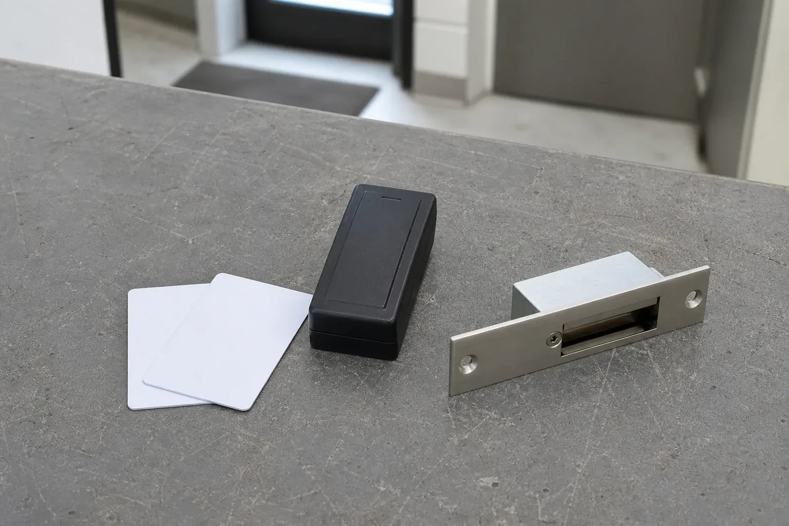 Detached card reader, two plain cards and an electric-strike component on a service bench. — Access Control Installation, King