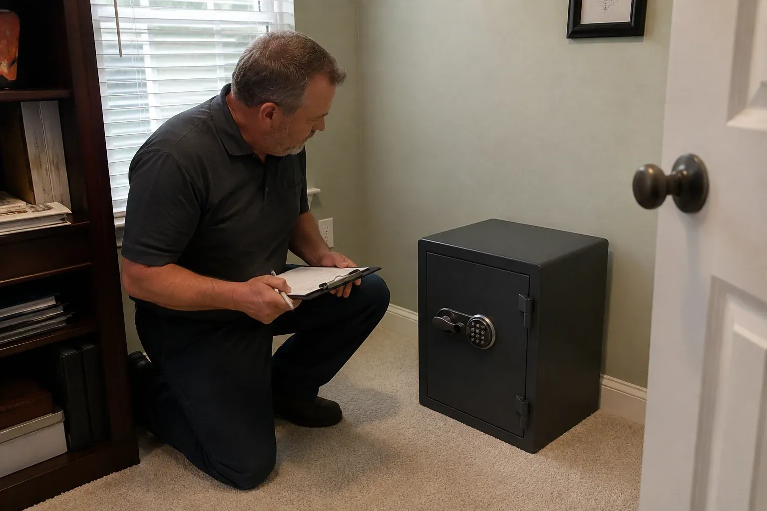 Person holding a clipboard beside a closed black safe with a circular keypad in a carpeted room. — Safe Installation & Servicing, King