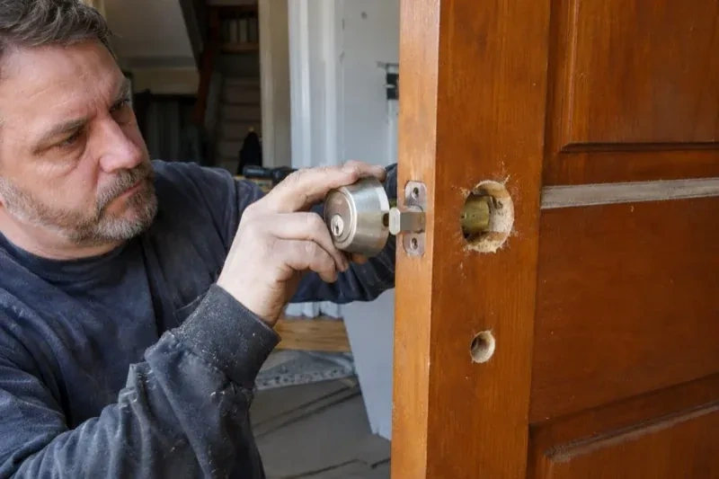 Person holding a silver-colored lock beside an open wooden door with exposed circular holes and a latch at its edge. — Deadbolt Installation, King