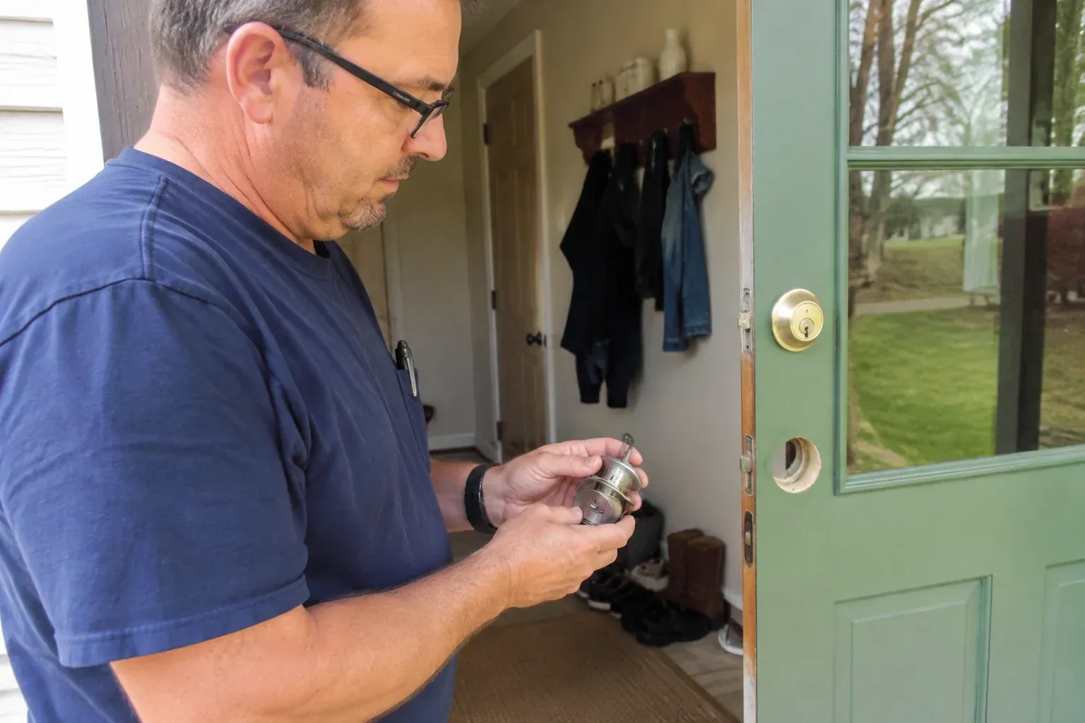 Person holding a cylindrical door-lock assembly beside an open green glazed door with its lower lock opening exposed. — Seized & Jammed Lock Opening, King