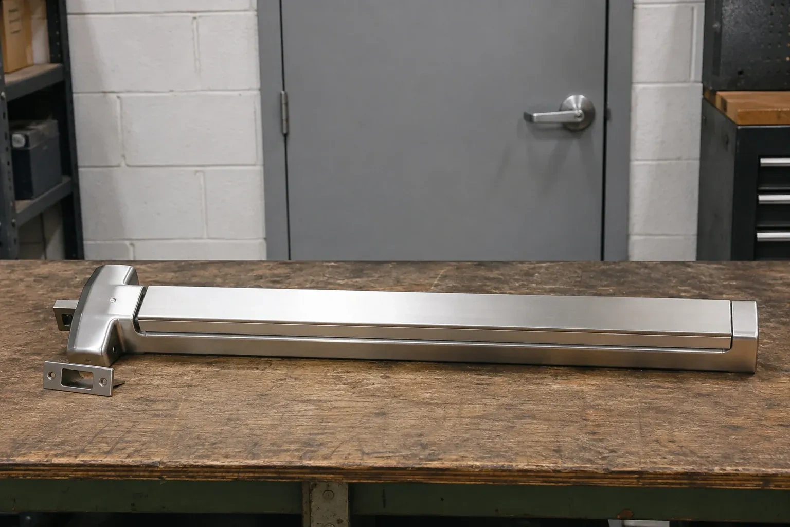 Detached horizontal exit device and separate strike component on a workshop bench. — Panic & Exit Hardware, King
