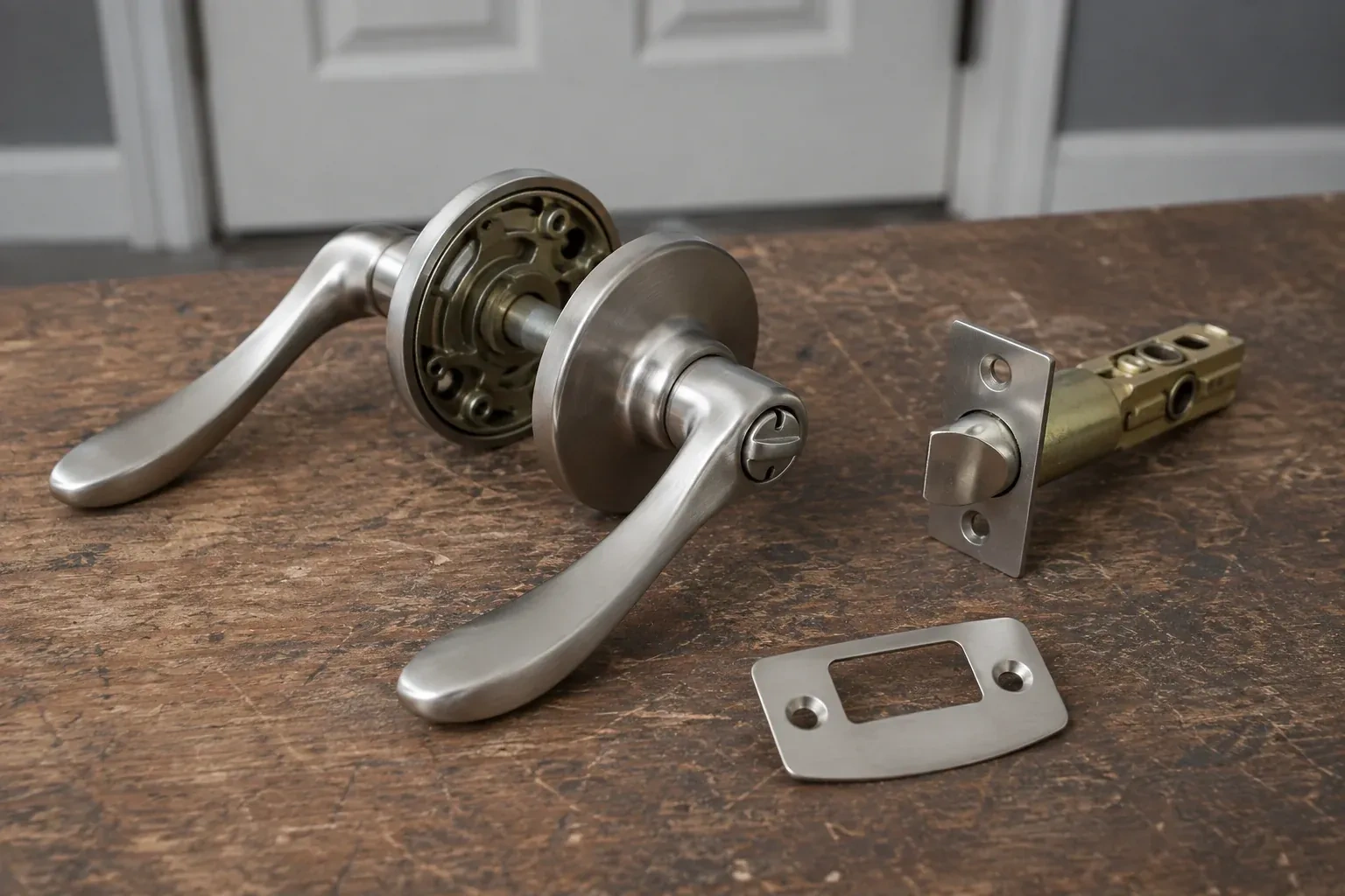 Detached satin-nickel lever hardware, tubular latch and strike plate on a wooden workbench. — Lock Replacement & Upgrade, King
