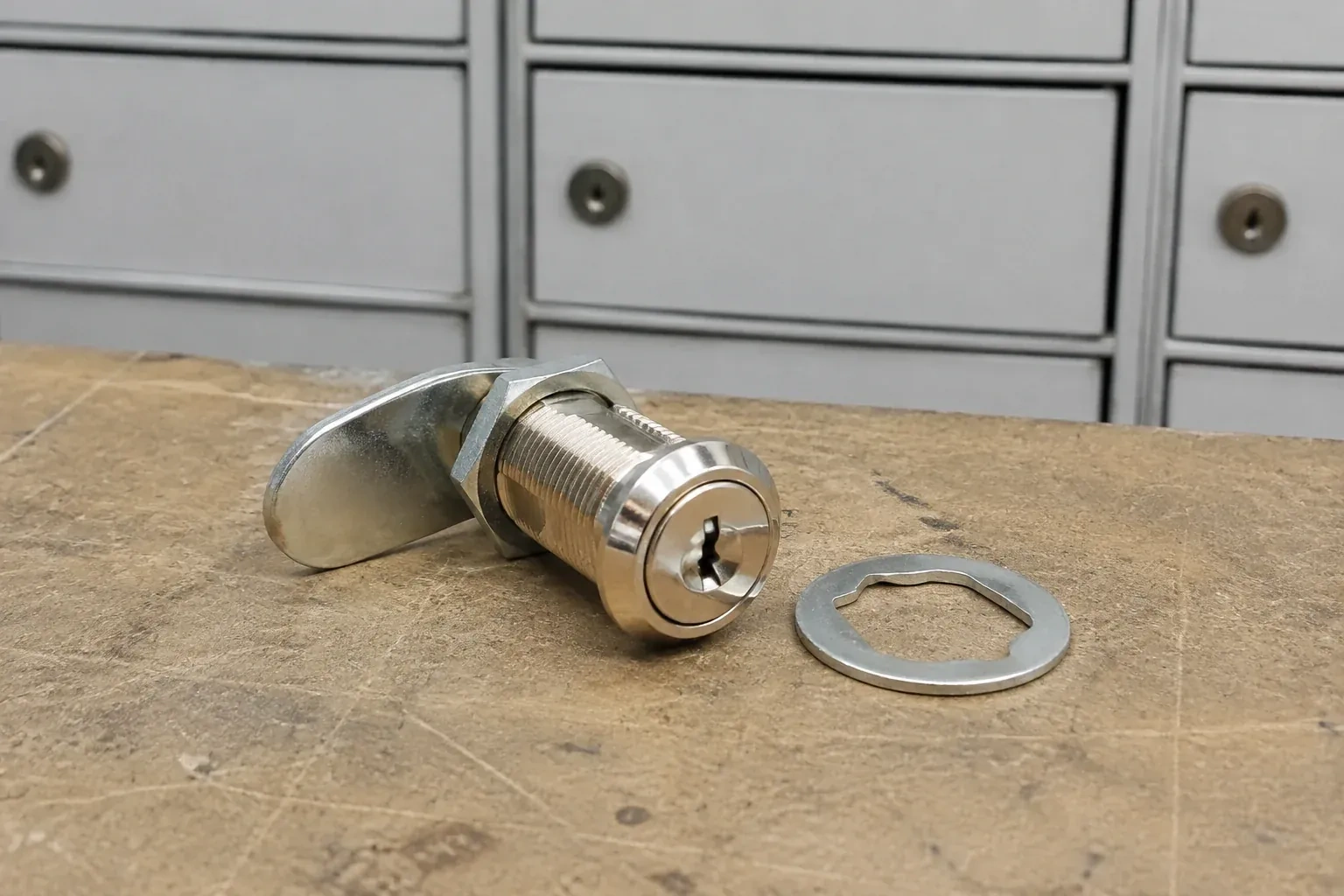 Detached threaded cam lock and mounting washer on a workbench in front of closed mail compartments. — Mailbox Lock Replacement, King