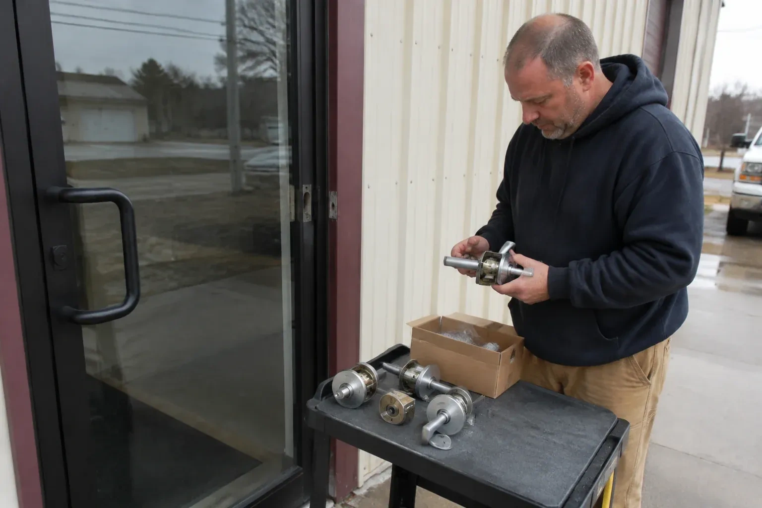 Person holding a door-handle assembly beside a glazed entrance, with more handle and lock components on a cart. — Commercial-Grade Lock Replacement, King