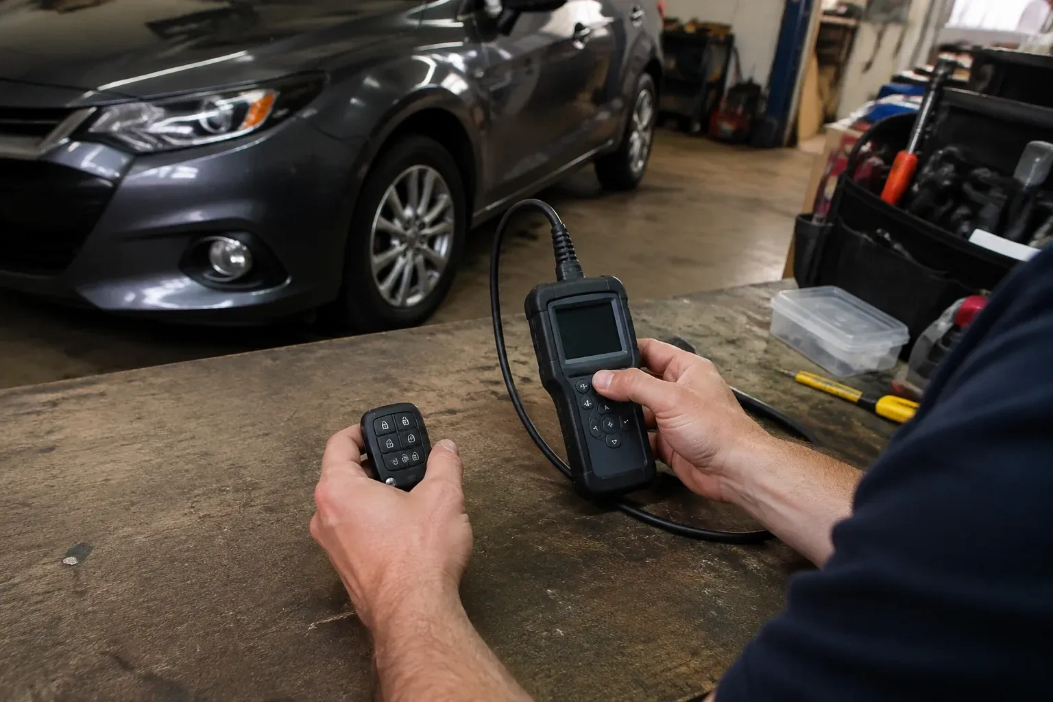 Hands holding a car-key fob and a small wired electronic device above a workbench in a garage with a parked car. — Key Fob Programming, King