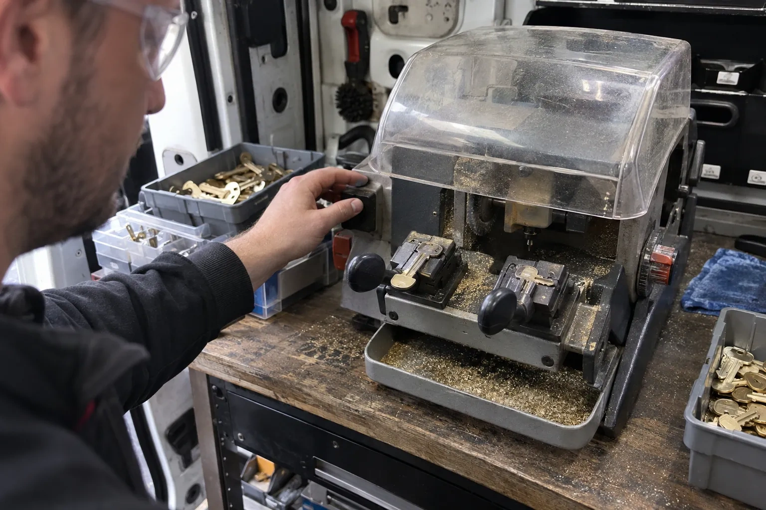 Person in safety glasses reaching for a key-cutting machine with a clear cover, beside trays of brass key blanks. — Spare Car Key Duplication, King