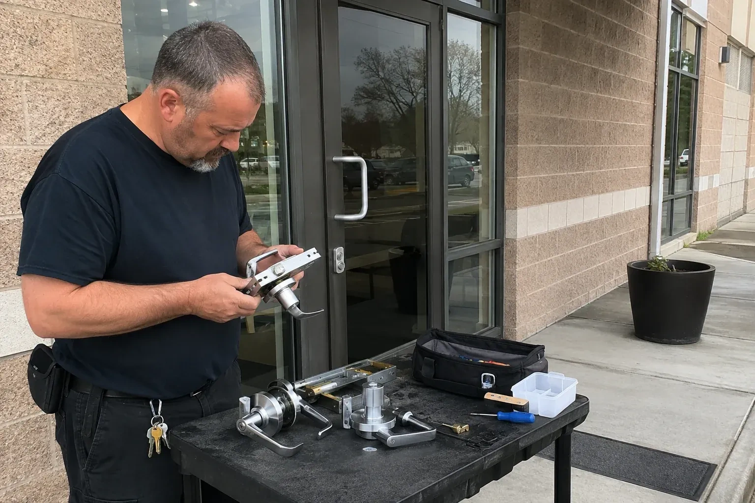 Person holding a door-handle and latch assembly at a worktable outside a glass entrance, with additional handles and tools laid out. — Commercial Rekeying, King