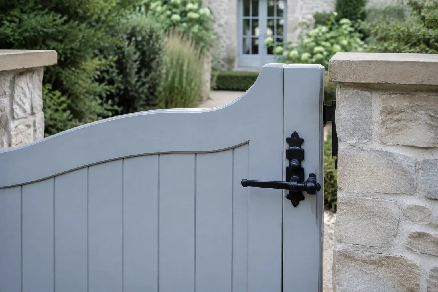 Pale blue garden gate with a black lever latch between light stone pillars. — Gate & Building Entry Locks, King
