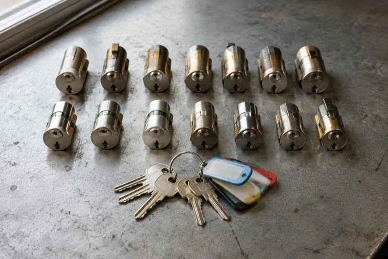 Two rows of lock cylinders on a metal surface with keys and colored key tags in front. — Master Key System Design, King