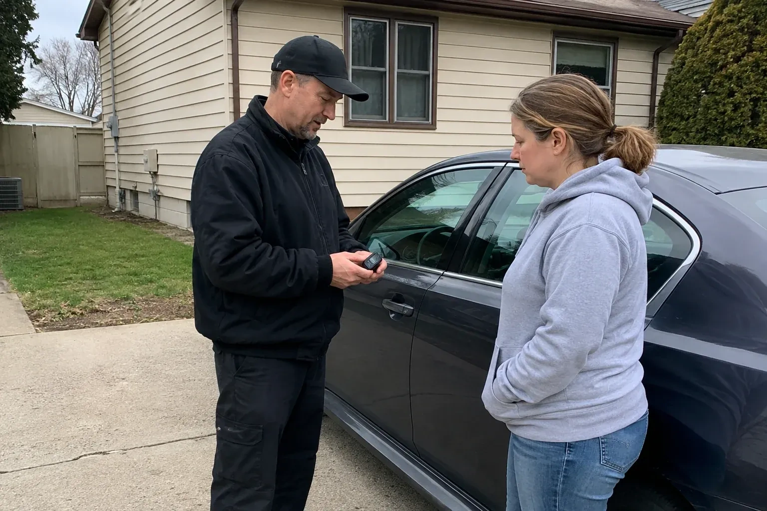 Two people standing beside a parked sedan, one wearing a cap and holding a small black device. — Vehicle Lock Repair, King