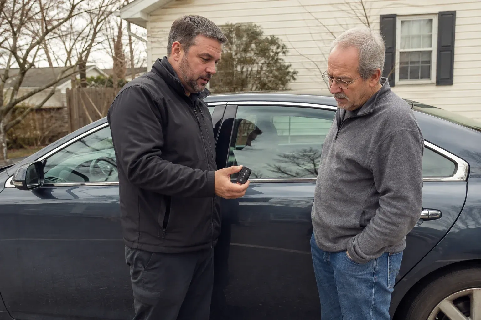 Two people beside a dark sedan, one holding up a black key fob. — Car Lockout Service, King