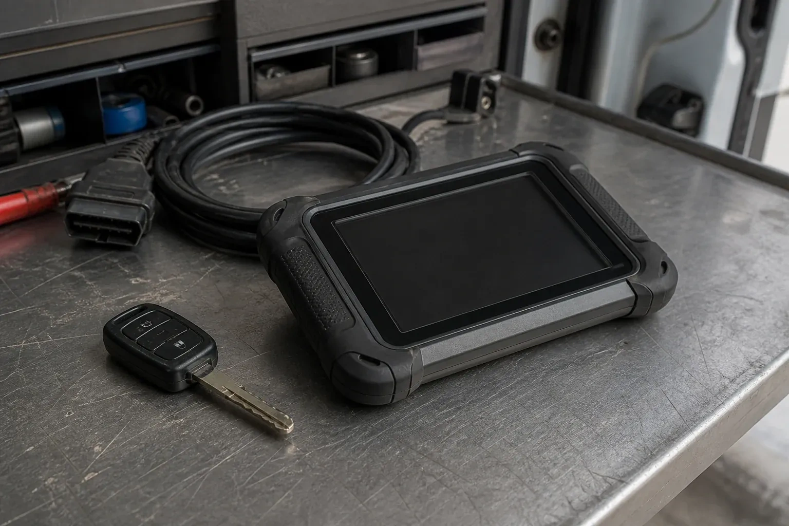 Vehicle key beside a dark diagnostic tablet and coiled connector cable on a workbench. — Transponder Key Programming, King