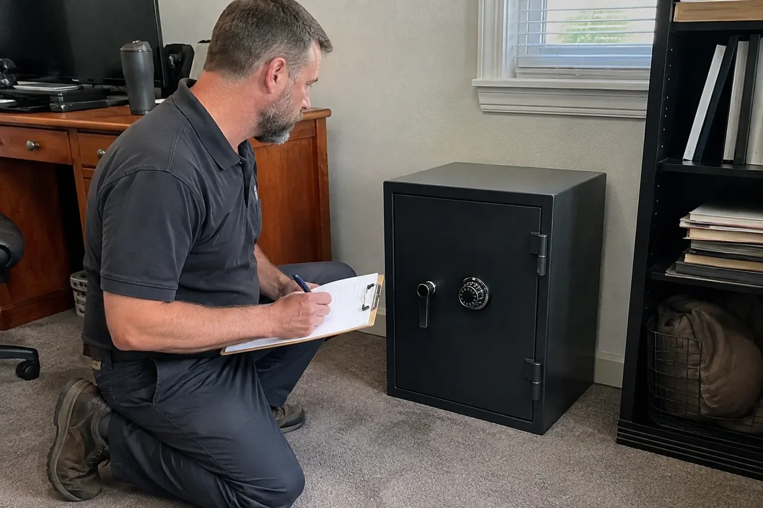 Person writing on a clipboard while kneeling beside a closed black safe with a numbered combination dial in a home office. — Safe Opening & Combination Change, King